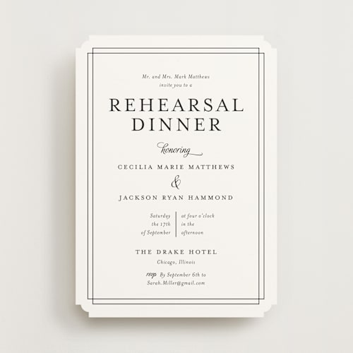 This is a snow rehearsal dinner invitations with standard by Kimberly FitzSimons called chic gala printing on signature in standard