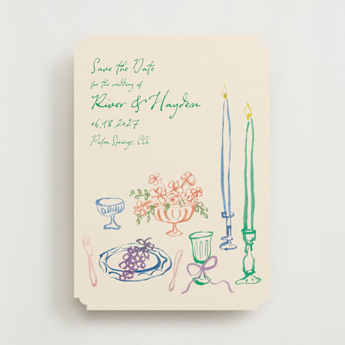 This is a garden save the date with standard by Cass Loh called tablescape drawing printing on signature in standard