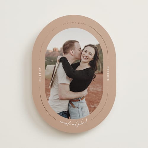 This is a apricot foil stamped save the date cards with foil pressed by Susan Zinader called encircle printing on recycled smooth signature in standard