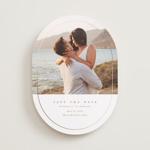 This is a sugar foil stamped save the date cards with foil pressed by chocomocacino called rasmalai printing on recycled smooth signature in standard