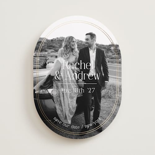 This is a ivory foil stamped save the date cards with foil pressed by Elly called our love printing on recycled smooth signature in standard