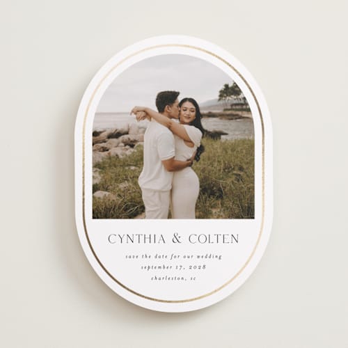 This is a sugar foil stamped save the date cards with foil pressed by Angela Garrick called double lined border printing on recycled smooth signature in standard