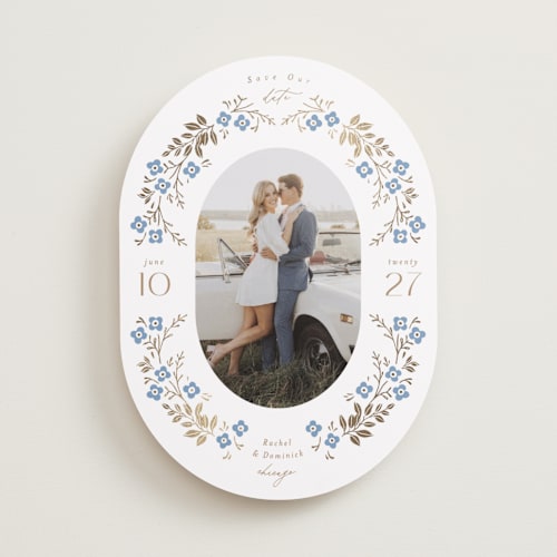 This is a bluebell foil stamped save the date cards with foil pressed by Susan Zinader called wildflower sprigs printing on recycled smooth signature in standard
