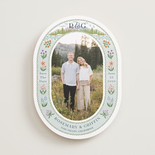 This is a pine save the date with standard by Paper Sun Studio called river valley printing on recycled smooth signature in standard