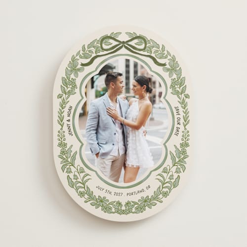 This is a olive save the date with standard by Elly called charm printing on recycled smooth signature in standard