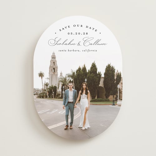 This is a onyx save the date with standard by Erica Krystek called arched type printing on recycled smooth signature in standard