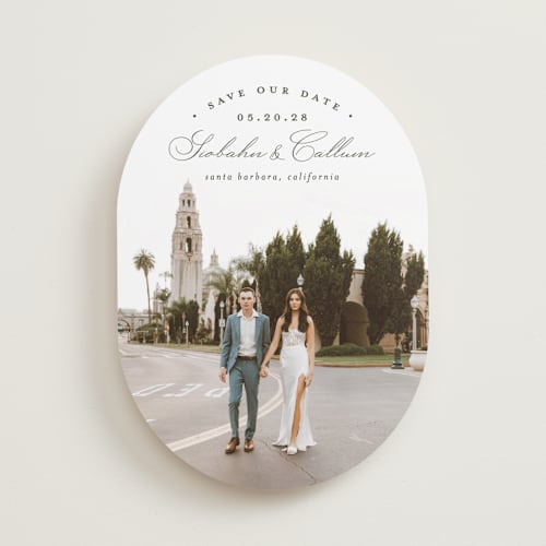 This is a olive save the date with standard by Erica Krystek called arched type printing on recycled smooth signature in standard