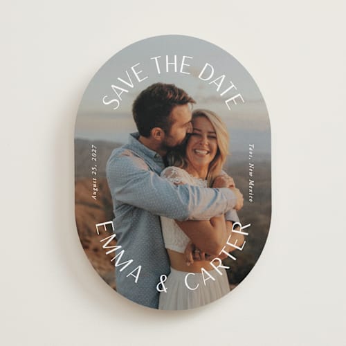 This is a pearl save the date with standard by Susan Asbill called roundabout printing on recycled smooth signature in standard
