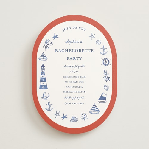This is a navy bachelorette party invitations with standard by Teju Reval called nautical fun printing on signature in standard