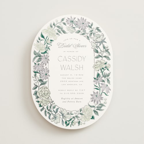 This is a peacock bridal shower invitations with foil pressed by Leah Bisch called oval wreath printing on signature in standard