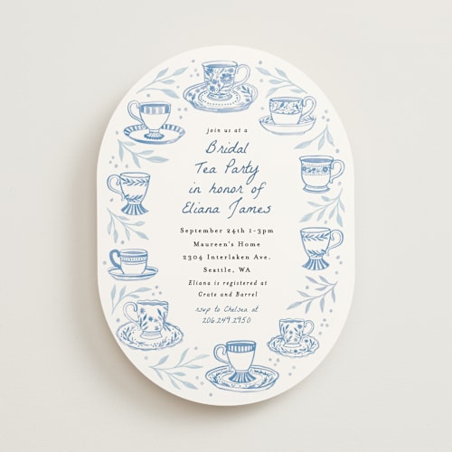 This is a periwinkle bridal shower invitations with standard by Alethea and Ruth called tea cup party printing on signature in standard