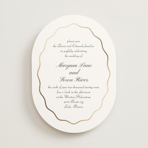 This is a pearl foil stamped wedding invitations with foil pressed by Baumbirdy called scallop frame printing on signature in standard
