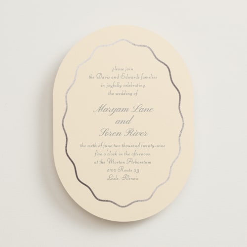 This is a lemon foil stamped wedding invitations with foil pressed by Baumbirdy called scallop frame printing on signature in standard