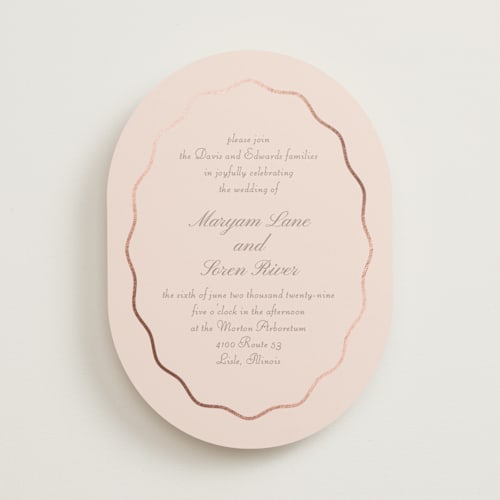This is a petal foil stamped wedding invitations with foil pressed by Baumbirdy called scallop frame printing on signature in standard