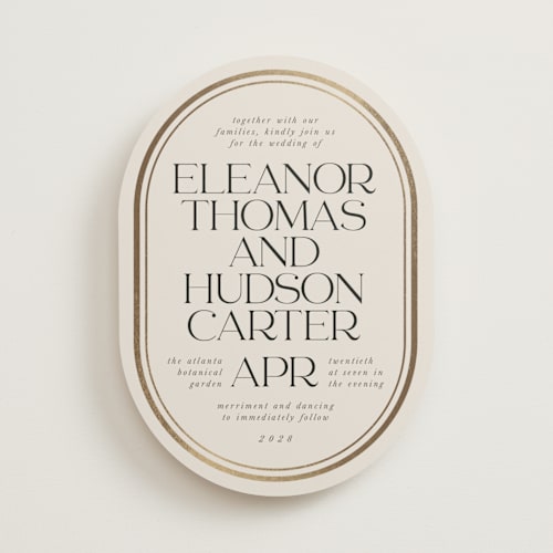 This is a sandstone foil stamped wedding invitations with foil pressed by Lori Wemple called oval printing on signature in standard