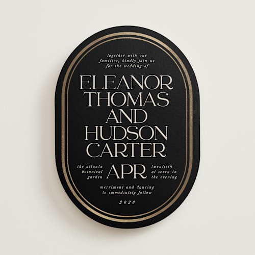 This is a noir foil stamped wedding invitations with foil pressed by Lori Wemple called oval printing on signature in standard