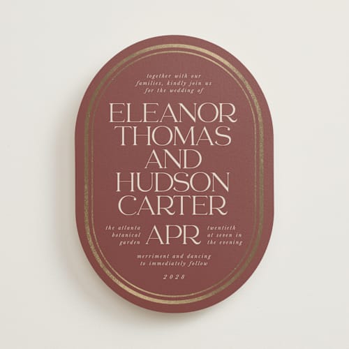 This is a brick foil stamped wedding invitations with foil pressed by Lori Wemple called oval printing on signature in standard