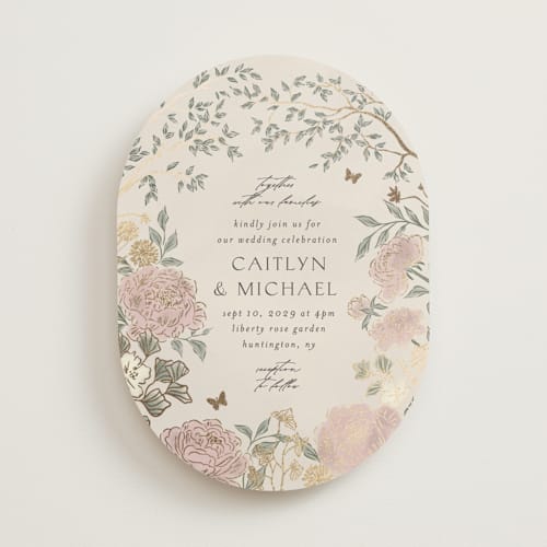 This is a blush meadow foil stamped wedding invitations with foil pressed by Grae called dancing in the garden printing on signature in standard