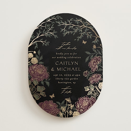 This is a midnight plum foil stamped wedding invitations with foil pressed by Grae called dancing in the garden printing on signature in standard