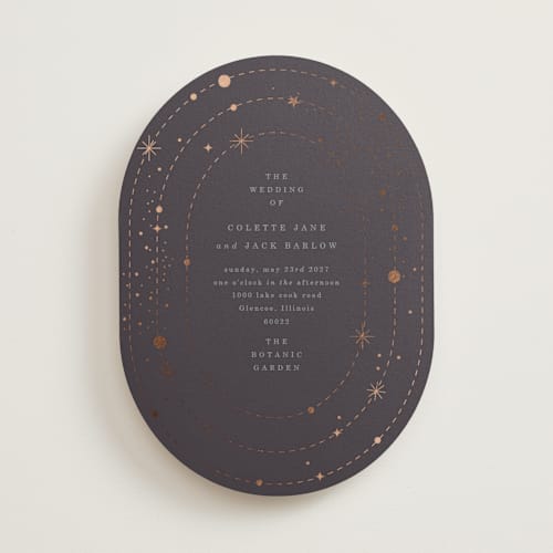 This is a twilight foil stamped wedding invitations with foil pressed by Baumbirdy called north printing on signature in standard