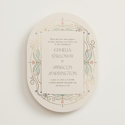 This is a ivory foil stamped wedding invitations with foil pressed by Maria Hilas-Louie called ornate elegance printing on signature in standard