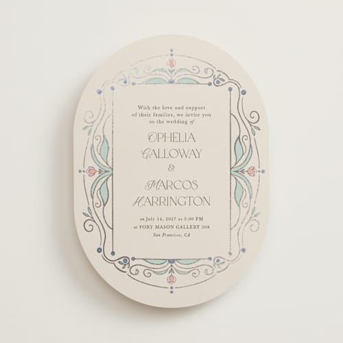This is a ivory foil stamped wedding invitations with foil pressed by Maria Hilas-Louie called ornate elegance printing on signature in standard