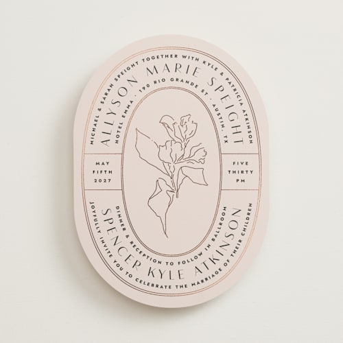 This is a blush foil stamped wedding invitations with foil pressed by Kindred Fields called deco band printing on signature in standard
