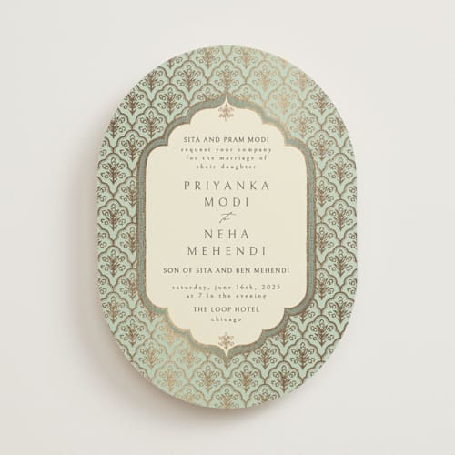 This is a aqua foil stamped wedding invitations with foil pressed by Pati Cascino called aatreya printing on signature in standard