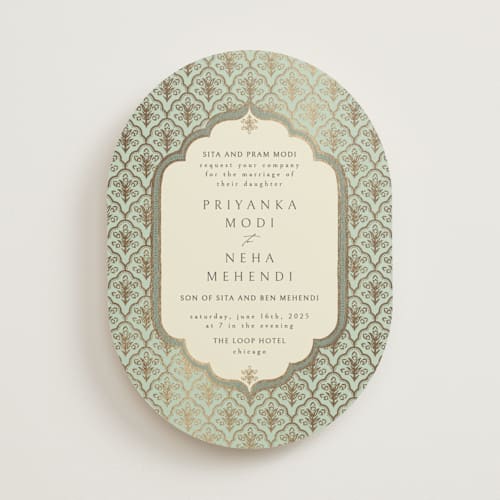 This is a aqua foil stamped wedding invitations with foil pressed by Pati Cascino called aatreya printing on signature in standard