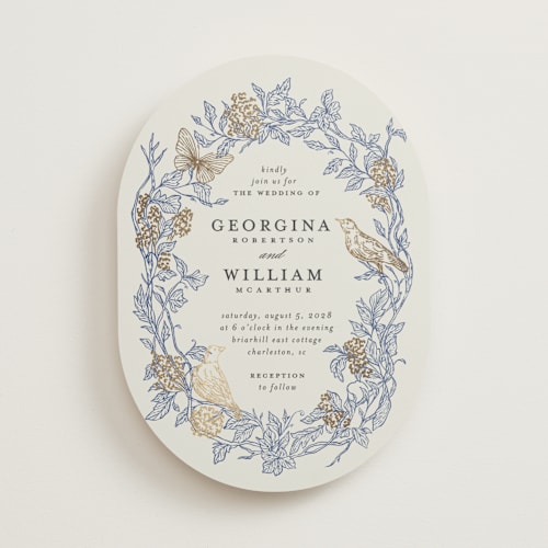 This is a cornflower foil stamped wedding invitations with foil pressed by Grae called meet me in the garden printing on signature in standard