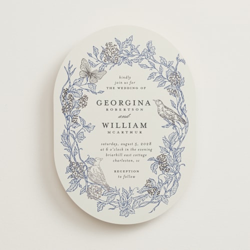 This is a cornflower foil stamped wedding invitations with foil pressed by Grae called meet me in the garden printing on signature in standard