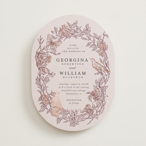 This is a merlot foil stamped wedding invitations with foil pressed by Grae called meet me in the garden printing on signature in standard