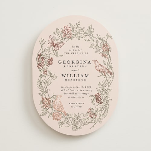 This is a moss foil stamped wedding invitations with foil pressed by Grae called meet me in the garden printing on signature in standard