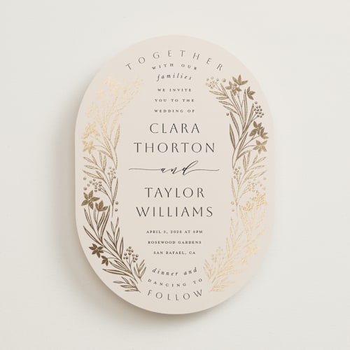 This is a champagne foil stamped wedding invitations with foil pressed by Leah Bisch called floral border printing on signature in standard