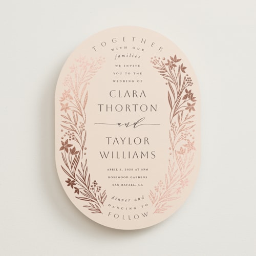 This is a blush foil stamped wedding invitations with foil pressed by Leah Bisch called floral border printing on signature in standard