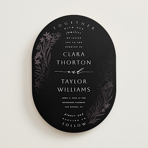 This is a tuxedo foil stamped wedding invitations with foil pressed by Leah Bisch called floral border printing on signature in standard