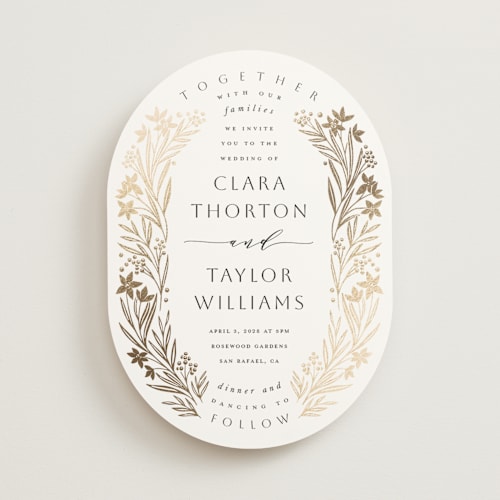 This is a pearl foil stamped wedding invitations with foil pressed by Leah Bisch called floral border printing on signature in standard