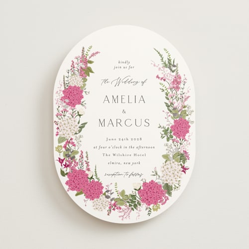 This is a cerise foil stamped wedding invitations with foil pressed by Susan Moyal called garden whisper printing on signature in standard