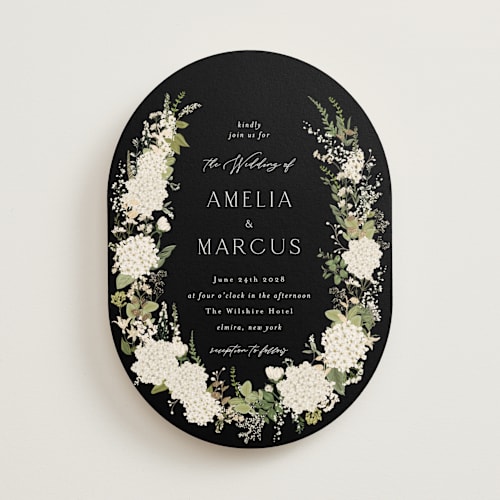 This is a black tie foil stamped wedding invitations with foil pressed by Susan Moyal called garden whisper printing on signature in standard