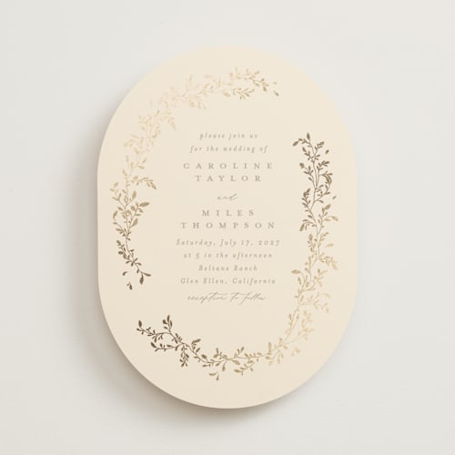 This is a sand foil stamped wedding invitations with foil pressed by Creo Study called leafy garland printing on signature in standard
