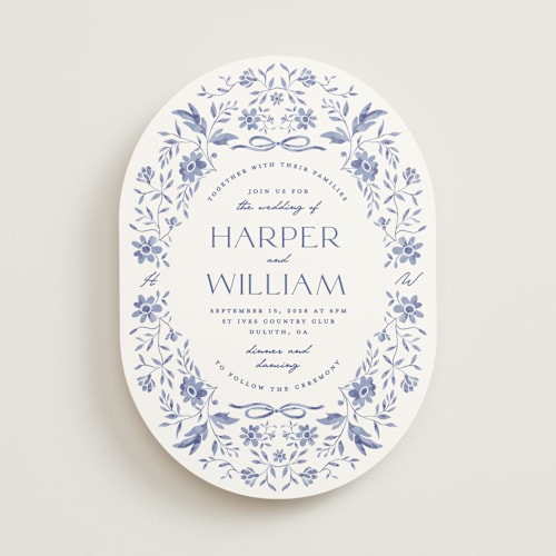 This is a blue willow wedding invitations with standard by Susan Zinader called daisy toile printing on signature in standard