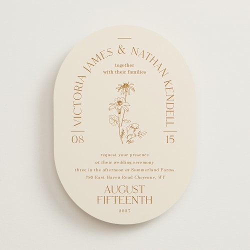 This is a cream wedding invitations with standard by Baumbirdy called floral type arch printing on signature in standard