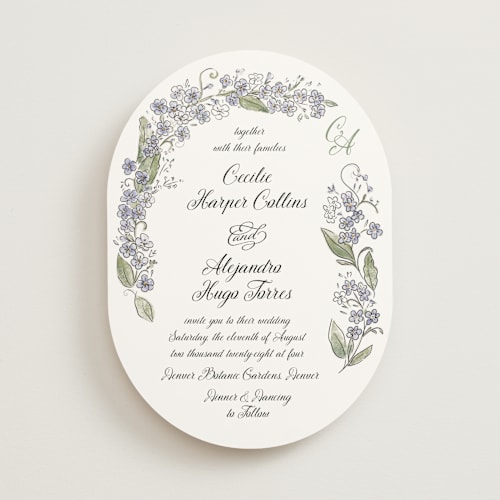 This is a violet wedding invitations with standard by Jenna Holcomb called forget me nots printing on signature in standard