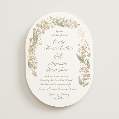 This is a marigold wedding invitations with standard by Jenna Holcomb called forget me nots printing on signature in standard