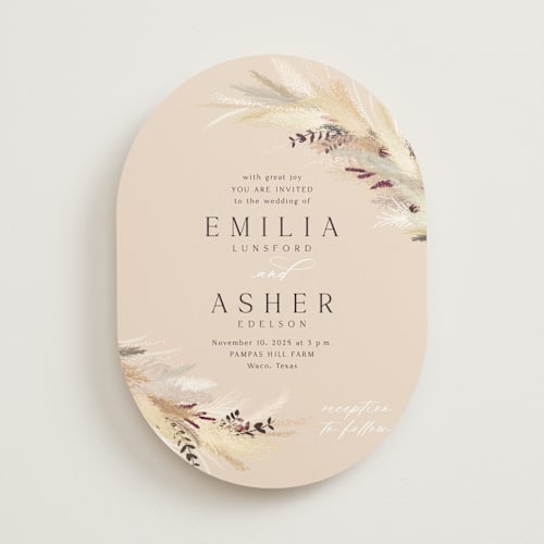 This is a sand wedding invitations with standard by Kaydi Bishop called bohemian pampas printing on signature in standard