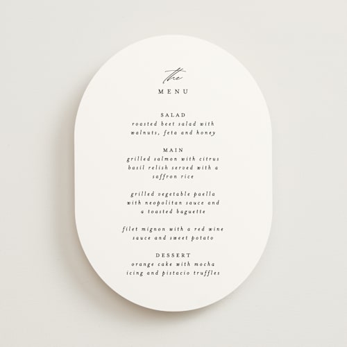This is a cotton menu cards with standard by Angela Thompson called delicate script printing on signature in standard