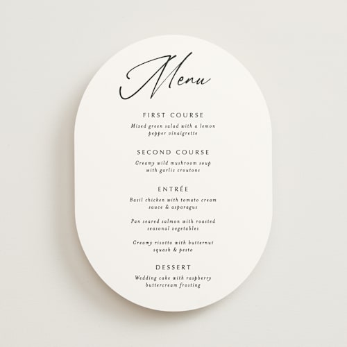 This is a onyx menu cards with standard by Katherine Moynagh called belle romance printing on signature in standard