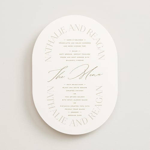 This is a natural menu cards with standard by Leah Bisch called oval printing on signature in standard