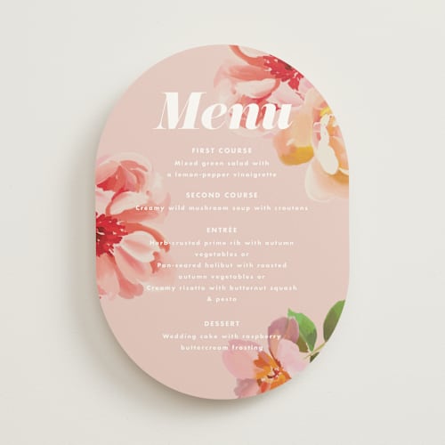 This is a petal menu cards with standard by Olivia Kanaley Inman called july garden printing on signature in 5x7