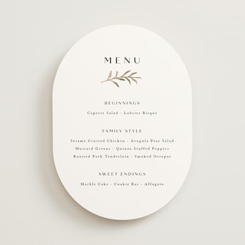This is a black dahlia menu cards with foil pressed by Olivia Raufman called petite sprig printing on signature in 5x7
